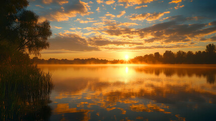 Fototapeta premium Serene lake at sunrise with glowing reflections and tranquil atmosphere image 