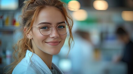 A pharmacist in a white lab coat smiles warmly at a customer in a pink sweater, holding a prescription in one hand and a pen in the other.