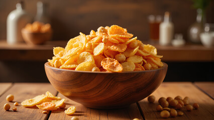A wooden bowl filled with crispy vegetable chips, set against a rustic background with soft lighting, creating a warm and inviting atmosphere.