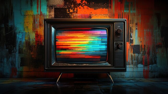 A black television is turned on and displaying a colorful, rainbow-like image