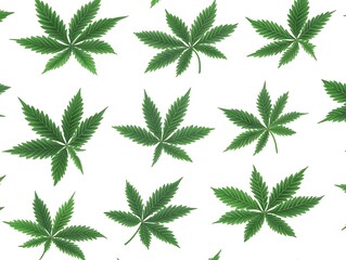 Green cannabis leaves arranged across a repeating white background