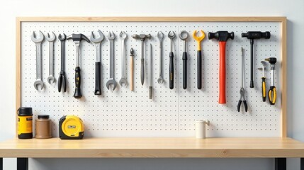 Organized Hand Tools and Equipment on a Pegboard Wall in a Workshop