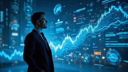 A business professional observes digital data analytics displaying financial trends and metrics on a futuristic screen.