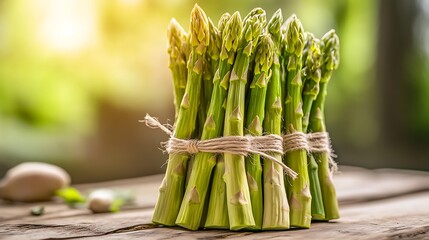 Asparagus Bundles Tied with Twine on Rustic Wood Table in Sunlight