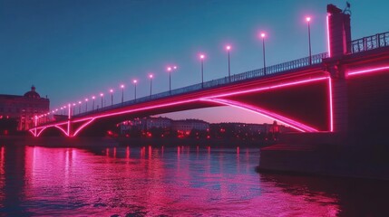 Obraz premium Illuminated urban bridge at night casting a vibrant glow over cityscape