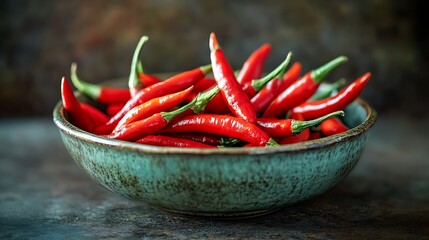 Bowl Filled with Fresh Red Chili Peppers on Rustic Background