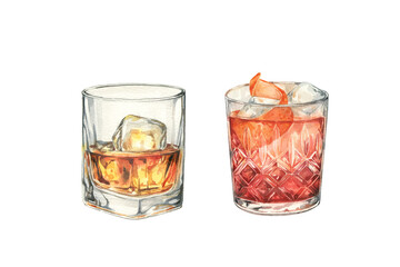 Set of watercolor cocktails glass illustrations. Negroni, whiskey on ice Elements for bar menu, packaging and posters.
