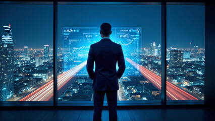 A businessman stands in an office, gazing out at a vibrant city skyline illuminated at night, complete with digital data overlays.