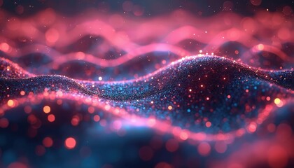 Abstract flowing wave particle dot network background. Neon pink, blue gradient bokeh blur. Tech, machine learning, AI concept. Visualization of big data, digital transformation and neural network.