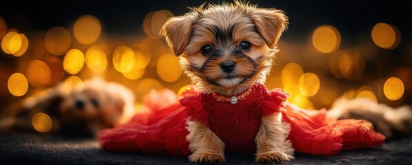 Cute Puppy in Elegant Red Dress Dancing Flamenco on Stage