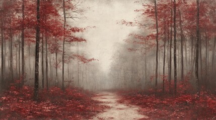 Obraz premium Misty red autumn forest path
