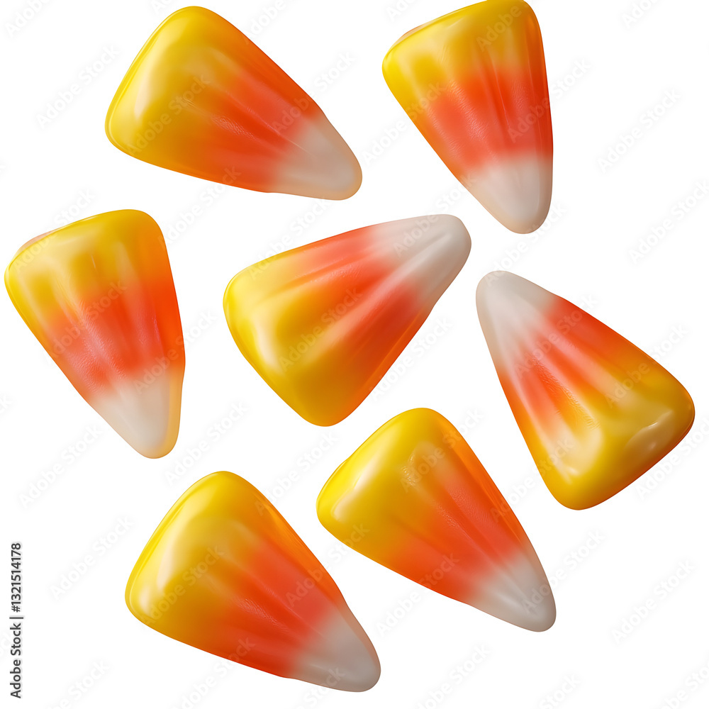 Aufkleber Beautifully rendered 3D candy corn with rich vibrant colors and a slightly translucent effect creating a captivating and festive visual on a transparent background