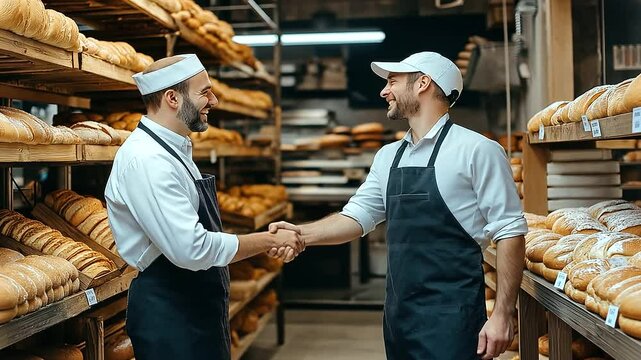 A handshake between a professional entrepreneur and a hardworking baker, set inside a traditional bakery with bread-lined wooden shelves. The image captures trust, teamwork, and su