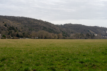 Fototapeta premium Vast green fields and rolling hills under a gray sky near La Roche-Guyon in France