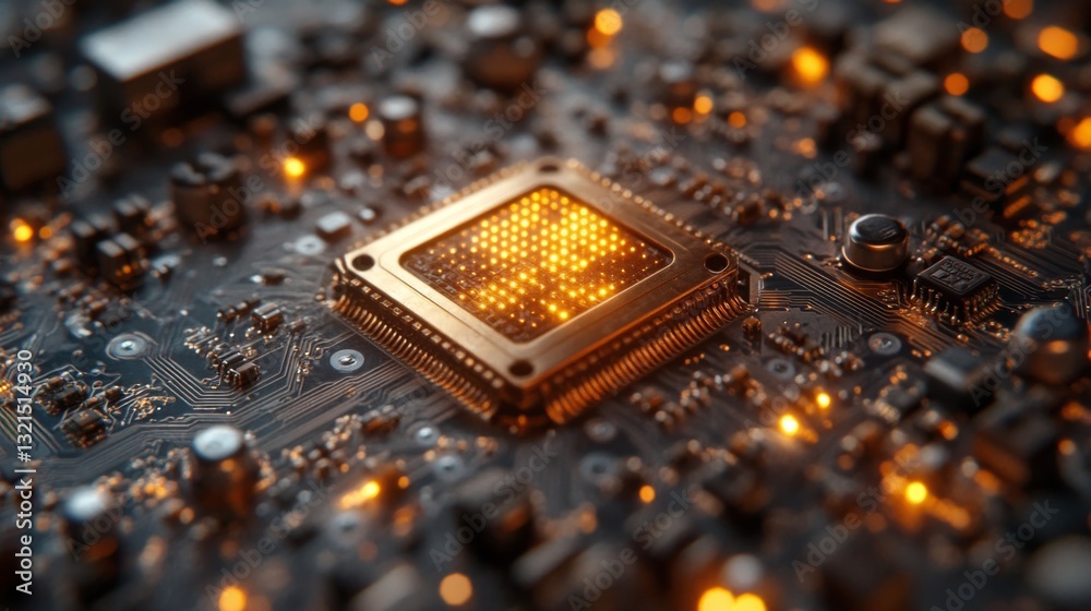 Fototapete A detailed view of a quantum processor chip demonstrating qubit arrangements and their interconnections, showcasing elements of neural network optimization in computing technology.