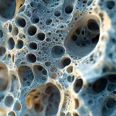 An extreme macro photograph capturing the intricate details of a porous surface, highlighting its organic structure with numerous circular holes and a complex natural pattern.
