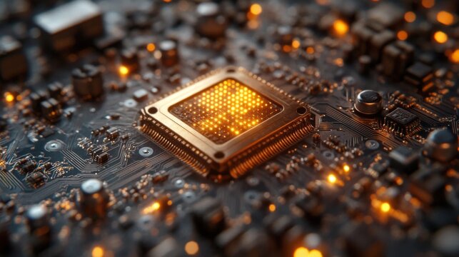 A detailed view of a quantum processor chip demonstrating qubit arrangements and their interconnections, showcasing elements of neural network optimization in computing technology.