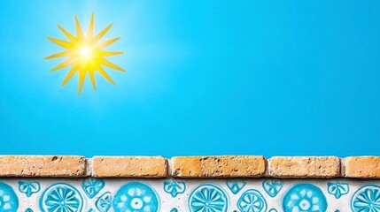 Bright Blue Summer Sky with Decorative Brick Wall and Circular Pattern