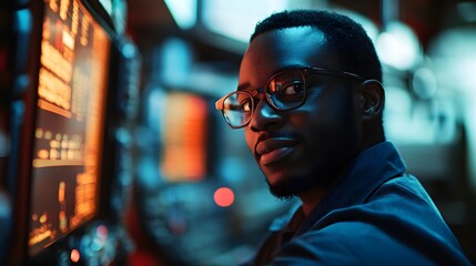 a man in glasses looks to the side and works in front of computer screens