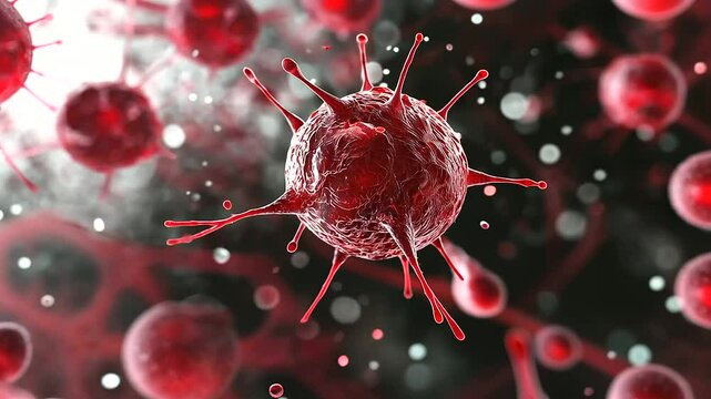 Digital D rendering of a cancerous leukemia cell, showing its organic, irregular texture and internal nucleus activity. A scientific microscopic view illustrating disease developm