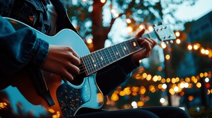Obraz premium Person playing acoustic guitar outdoors at night