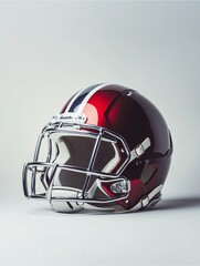 Fototapeta premium American Football Helmet: A close-up shot of a gleaming maroon and silver American football helmet. The helmet sits against a plain backdrop.