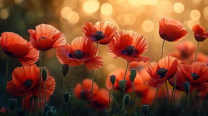 Obraz premium Red poppy field with backlighting and bokeh in a blooming countryside meadow
