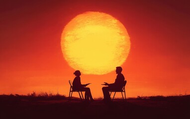 Naklejka premium Teacher and Student Silhouette at Sunset Education Concept Illustration