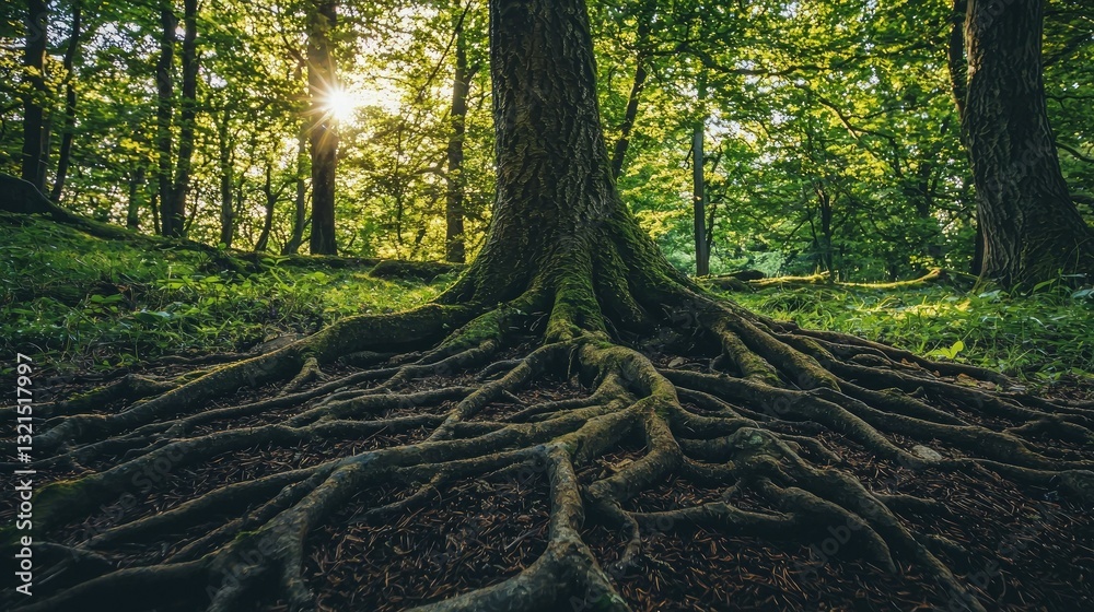 Poster view of tree roots spreading across the ground, intertwined and textured. 
