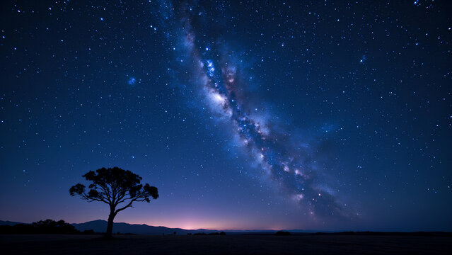 A serene night sky showcases the Milky Way, illuminated by countless stars, with a solitary tree silhouetted against the cosmic backdrop.