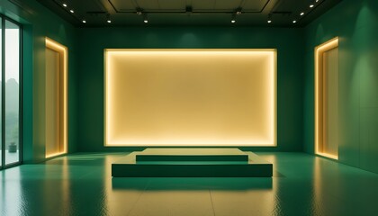 Minimalist Room with Tiered Green Platforms, Backlit Walls, and Contemporary Lighting
