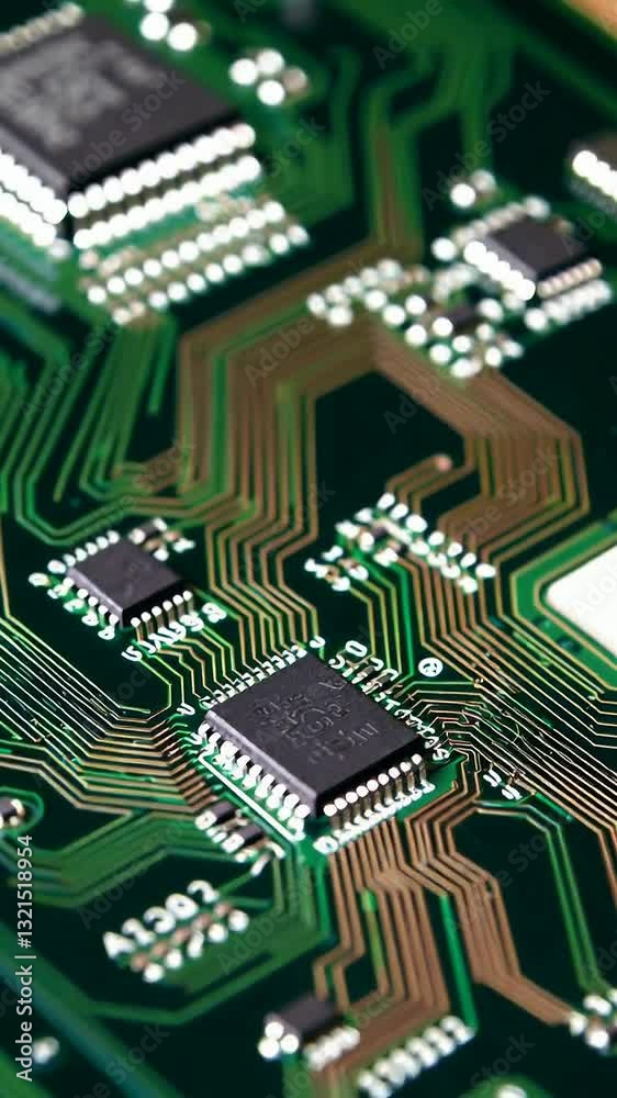 Poster dynamic closeup of electronic circuit board highlighting microchip pathways and connections