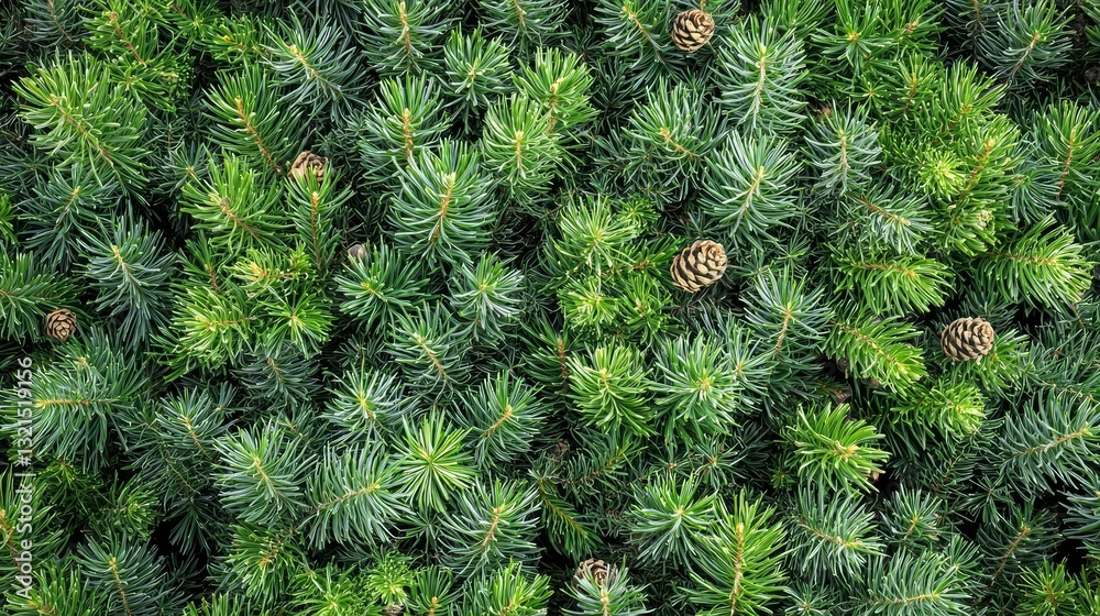 Poster pine tree branches with fresh green needles and small cones.