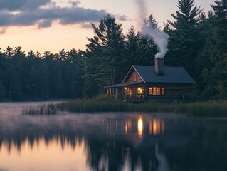 Obraz premium Lakeside Cabin at Dusk