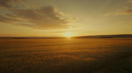Vast expanse of golden wheat field bathed in the warm light of a breathtaking sunset.