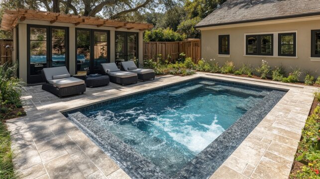 Backyard plunge pool with spa, lounge chairs, and pergola