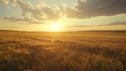Fototapeta premium Golden wheat field landscape with warm sunlight illuminating the crops and cloudy sky view