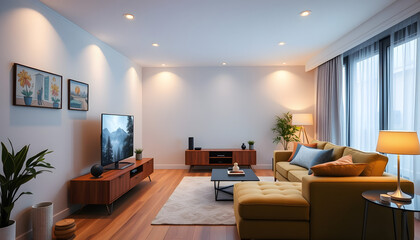 Fototapeta premium Modern living room with TV in apartment, retro style. White tone