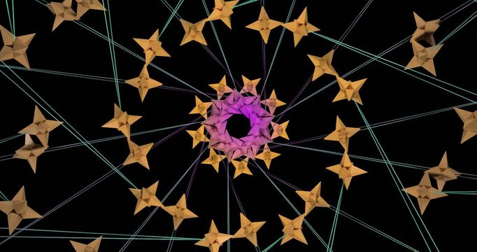3d render animation of symmetrical multicolor basic star poly shape with struts, (looping) in the end animation is transform like the beginning form