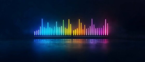 Vivid Neon Rainbow Equalizer Bars Glowing on Dark Reflective Background with Futuristic Vibes