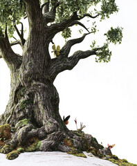 Obraz premium Ancient tree with butterflies and moss in whimsical fairytale forest