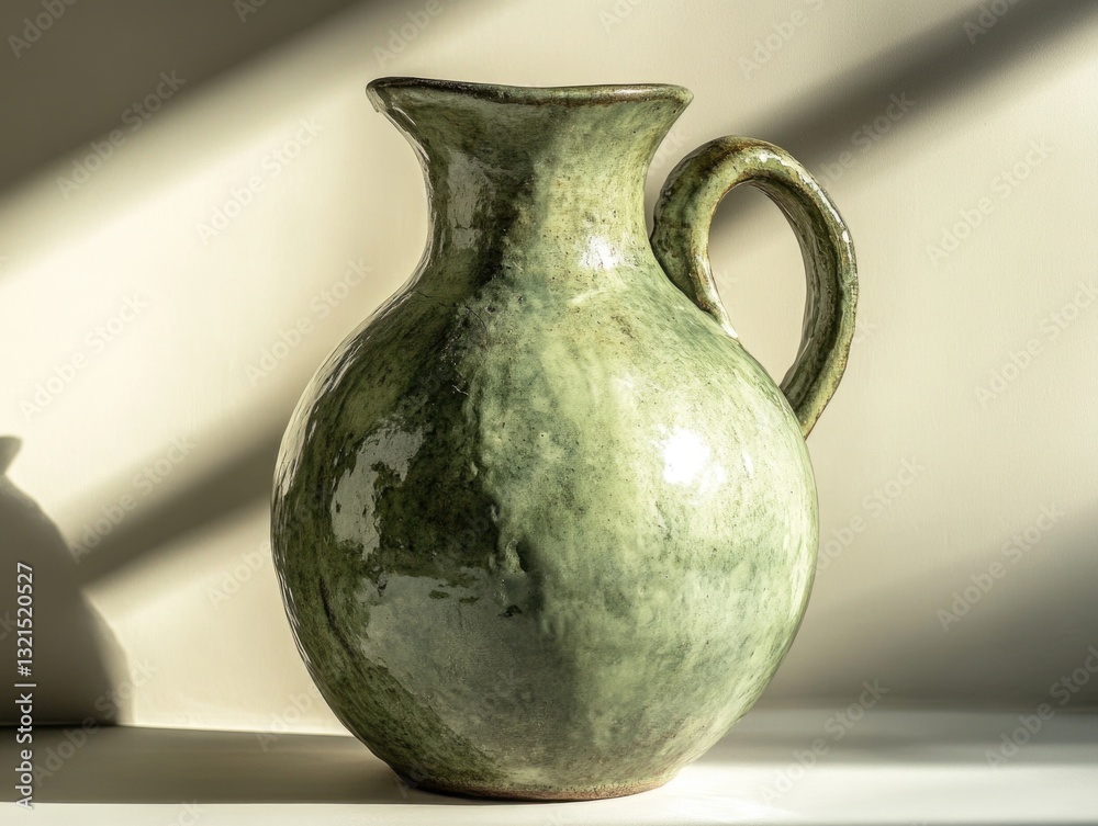 Poster a simple still life composition featuring a green vase placed on a table