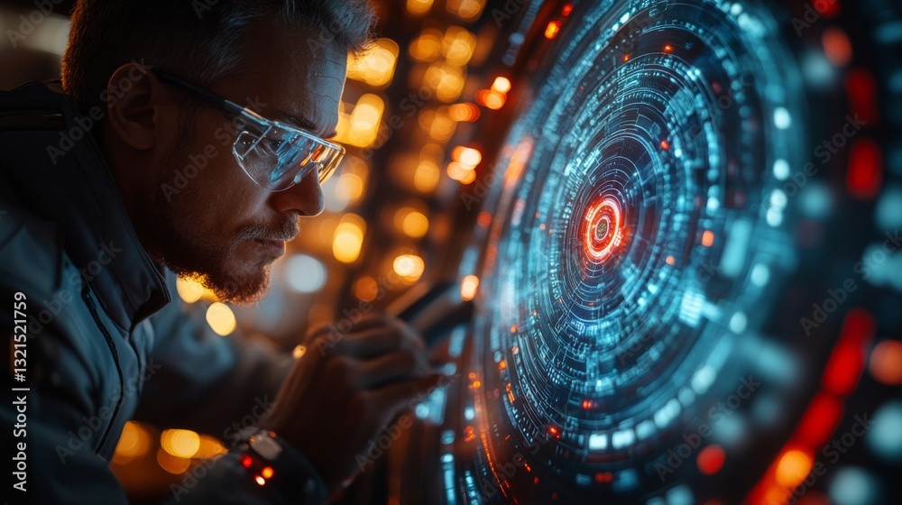 Poster A researcher examines a holographic display filled with complex quantum concepts such as qubits, superposition, and entanglement in a high-tech environment.
