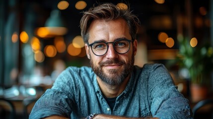 Fototapeta premium Professional trainer smiling in a cozy, modern cafe setting with warm ambiance
