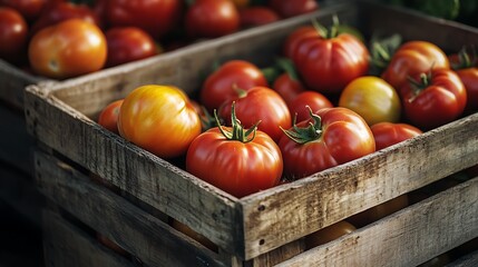 Fresh Tomatoes in Wooden Crates at a Farmer's Market Display