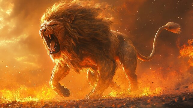 Ferocious fiery lion roaring in inferno against hellish backdrop