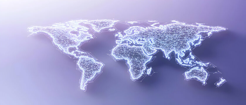 Fototapeta A 3D Rendering Of A Glowing Dotted World Map On A Soft Purple And Blue Gradient Background Showing Interconnected Continents And Global Connections