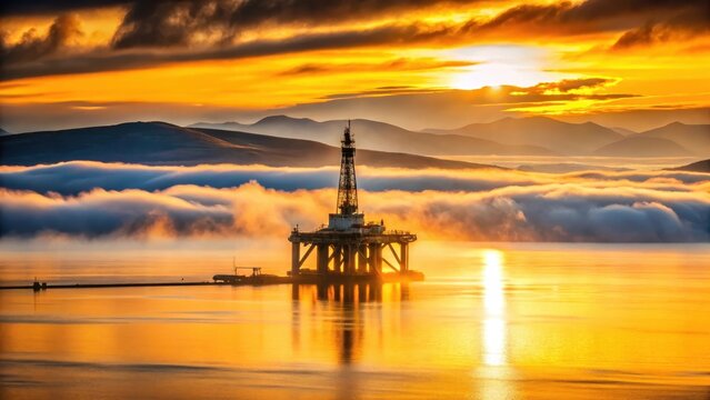Semi-submersible oil rig at sunrise over Cromarty Firth with misty fog rolling in, illuminated by warm golden light, offshore drilling, Scottish waters
