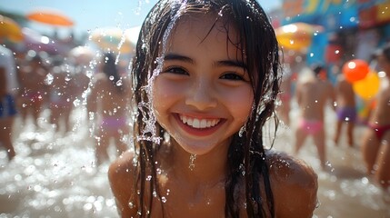 Obraz premium Celebrate the excitement of the Songkran Festival in Thailand with the worlds biggest water fight where people splash water in the streets creating a fun-filled atmosphere