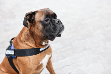 Fototapeta premium Cute service dog in vest on city street. Space for text
